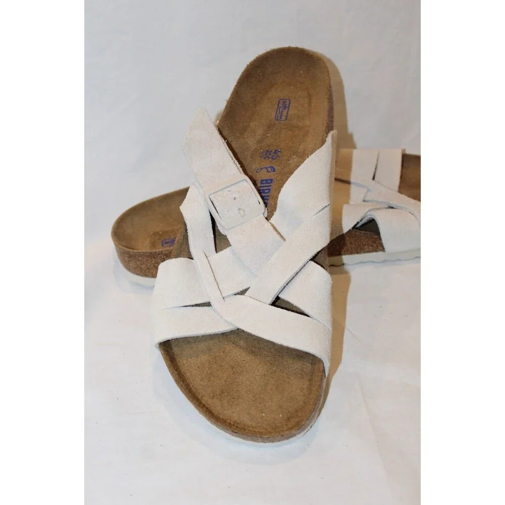 BIRKENSTOCK MEN'S LUGANO SUEDE SOFT FOOTBED SANDALS ANTIQUE WHITE NWOB EU 46